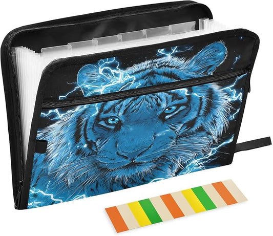 Blue Lighting Tiger Accordion File Organizer Expanding Document Folder with 13 Pockets Portable File Folder for A4 Letter Size
