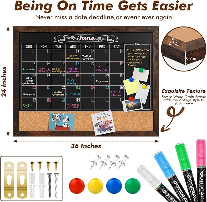 GOTIDEAL Chalkboard Calendar 36" x 24" Chalk Board Calendar for Wall Magnetic Chalkboard Framed,Wall Mounted,Blackboard for Office,Kitchen,School,Home