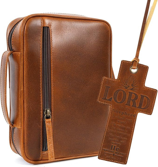 ELIZO Leather Bible Cover for Men Bible Case Women Holder Carrying Organizer Wrap Sleeve Protector Christian Religious Gift Cross Bookmark – Standard Cognac