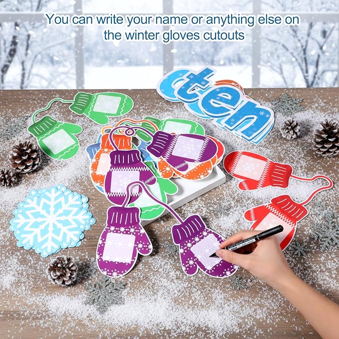 Funrous 45 Pcs Winter Bulletin Board Set Share a Compli-Mitten Interactive Classroom Decor Winter Gloves Snowflake Cutouts Christmas Bulletin Board for Holiday Party School Classroom Home Wall Decor
