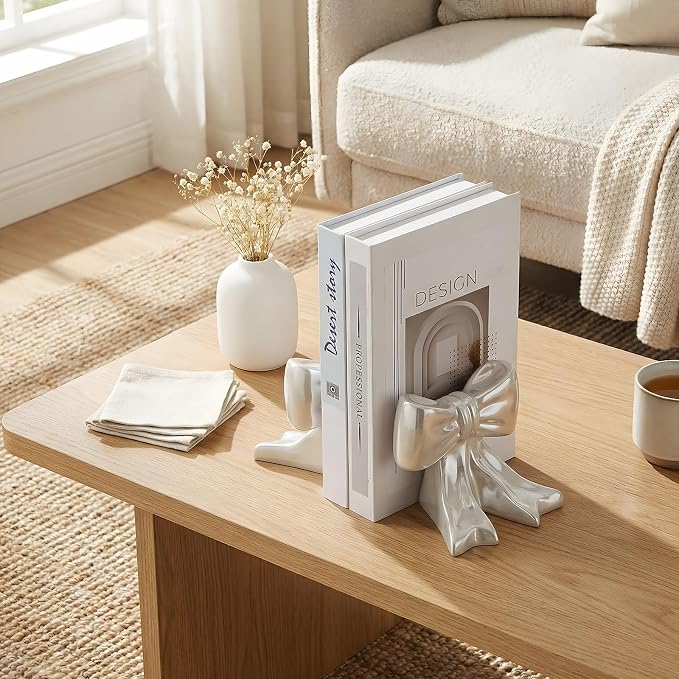 Leinuosen 2 Pcs White Bow Bookends Ceramic Cute Book Ends Decorative Book Stand Bow Sculpture Statues Tabletop Shelf Ornament Room Decor for Home Office School Dorm Girl Desk