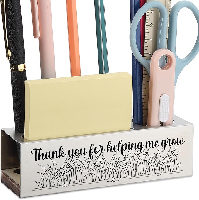 Thank You for Helping Me Grow Pencil Holder for Teacher, Stainless Steel Desk Organizer with Engraved Quote, End of Year Appreciation Gift from Student, Office Supplies Holder - FBA387