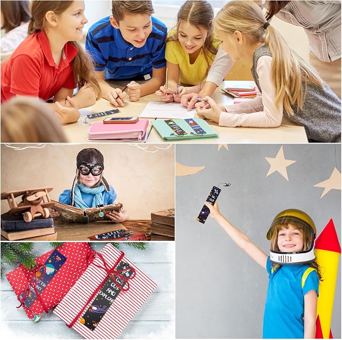 144 Pack Space Bookmarks Bulk for Kids, Outer Space Themed Party Favors, Astronaut Rocket Planet Galaxy Theme Birthday Party Favors, Bookmarks with Metal Charms for Boys Girls, Classroom Rewards Gifts