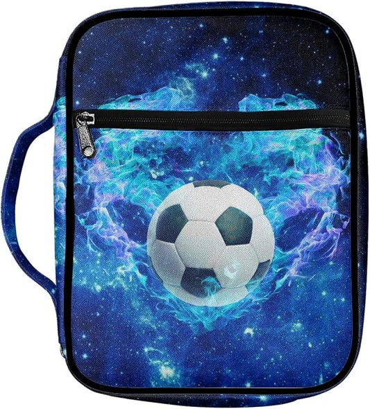 Coldinair Galaxy Soccer Love Print Bible Cover Case with Zip Pockets and Handle,Portable Church Bag Bible Study Tote Book Cover for Men Teens Kids