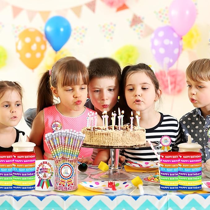 Birthday Pencils Set: 24 Happy Birthday Pencils, 24 Rubber Wristbands, 200 Badge Stickers - Multicolor, Unisex - 248 Pieces