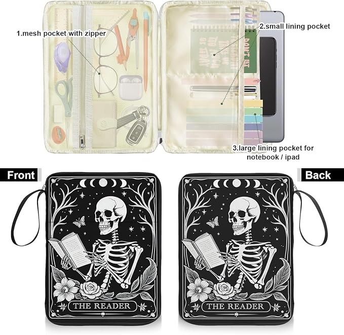Skull Book Sleeve for Book Lovers, Paperback Book Protector Case, PU Leather Waterproof Book Pouch with Zipper, Gothic Skeleton Print Book Carrying Case for Hardcover, Book Cover for Men Boys
