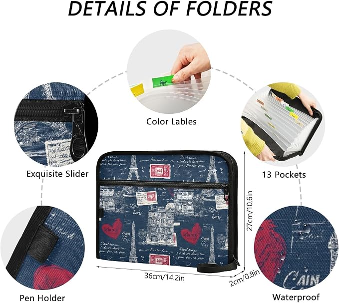 Vintage Paris Navy Blue Accordion File Organizer Expanding Document Folder with 13 Pockets Portable File Folder for A4 Letter Size