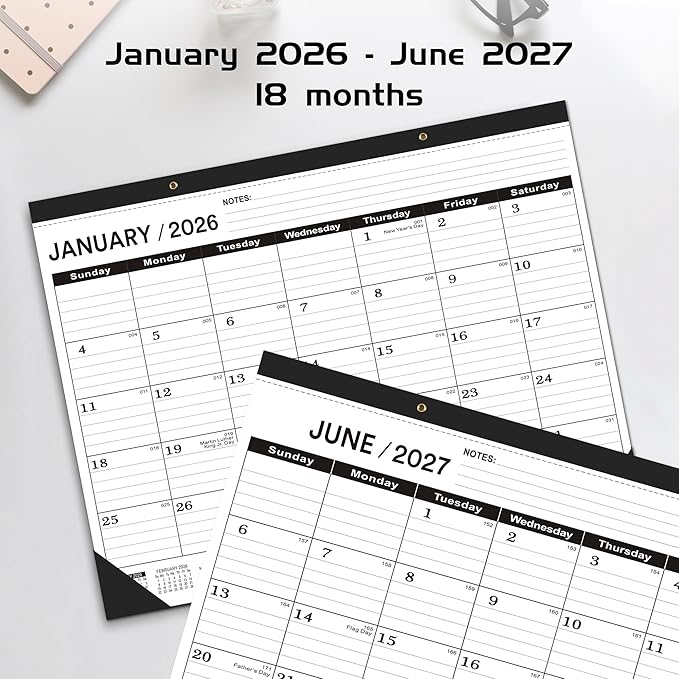 Desk Calendar 2026(January 2026 - June 2027)，2026 Desk Calendar Large 22 x17，2026 Calendar,Classic Black,Large Calendar 2026-2027 with Plastic Cover