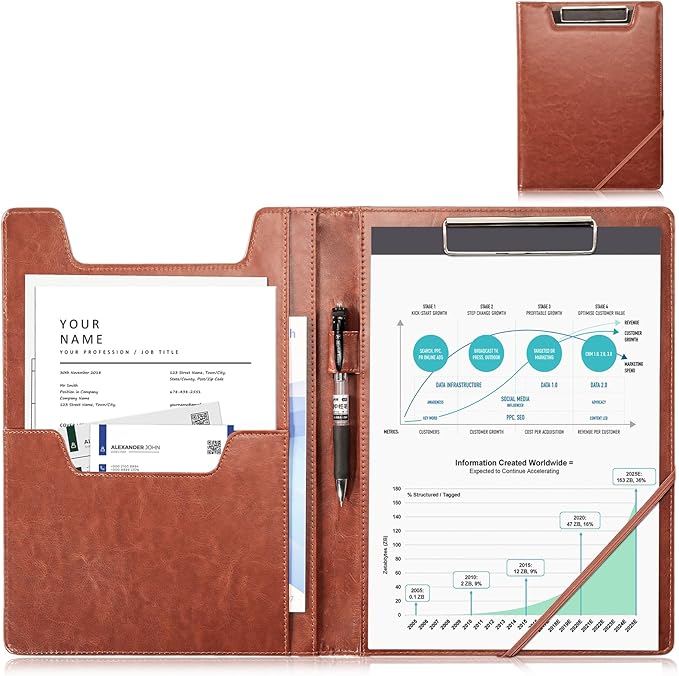 ProCase Clipboard Folder Portfolio, Leather Business Padfolio Organizer Letter Size Professional Folder Binder for Interview Meeting Resume Office Conference School -Brown