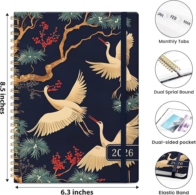 2026 Planner, Weekly and Monthly Planner for Women, January 2026 - December 2026, Hardcover 2026 Calendar Planner Book with Tabs, Inner Pocket, Spiral Bound, Perfect for Office Home School Supplies - A5 (6.3" x 8.5"), Crane