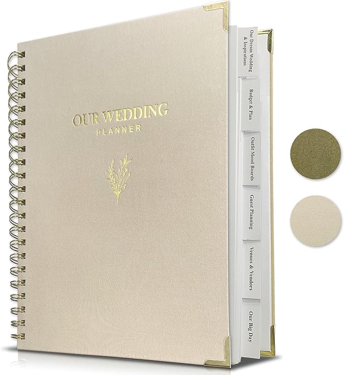 LADY&HOME Wedding Planner Book and Organizer, Linen Cover Wedding Planner Book, Bridal Planning Binder for Bride to be Gifts with Calendars, Checklist and Pockets (Apricot)