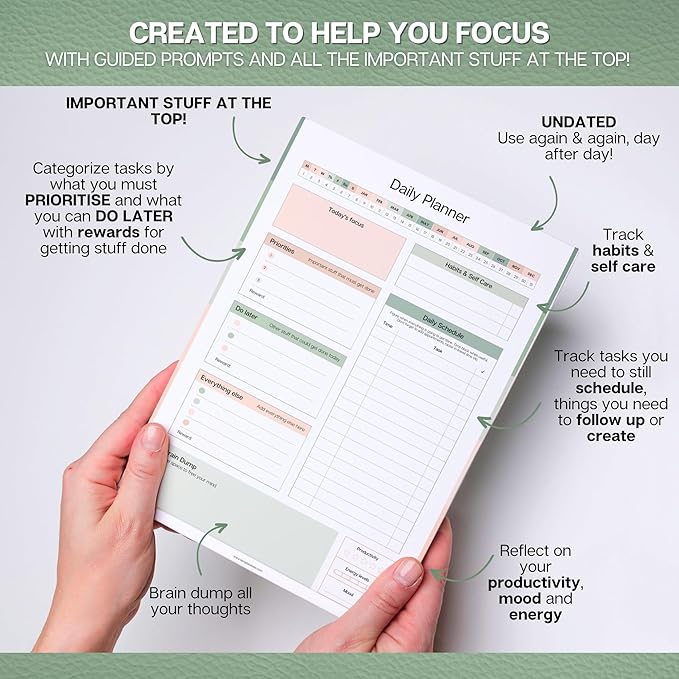 ADHD Daily Planner Notepad for Neurodivergent Adults - Productivity Daily Planner Desk Pad & Task Management to Stay Organized and Focused Note Pad (Green, A4)