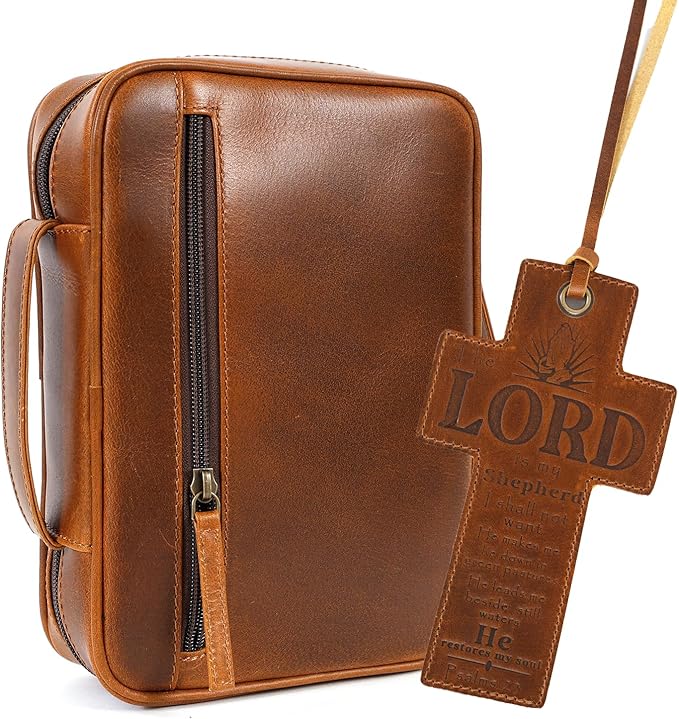 ELIZO Leather Bible Cover for Men Bible Case Women Holder Carrying Organizer Wrap Sleeve Protector Christian Religious Gift Cross Bookmark – Standard Cognac