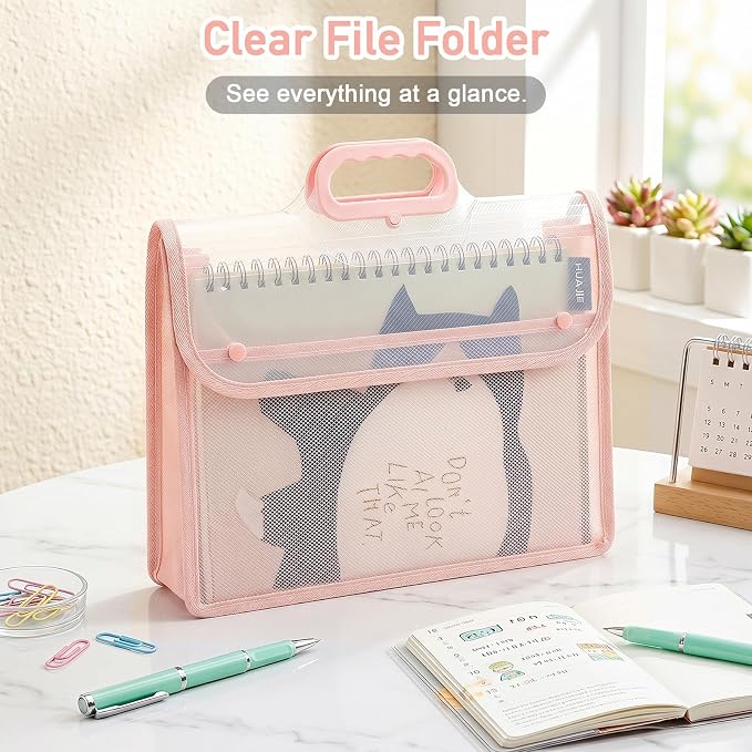 SAYEEC Plastic Expanding File Folder Portable Folders with Handle Transparent File Folder Organizer Large Capacity Document Organizer Briefcase Pouch Bag for Office Home, Fit Letter/A4 Size (2 Pack)