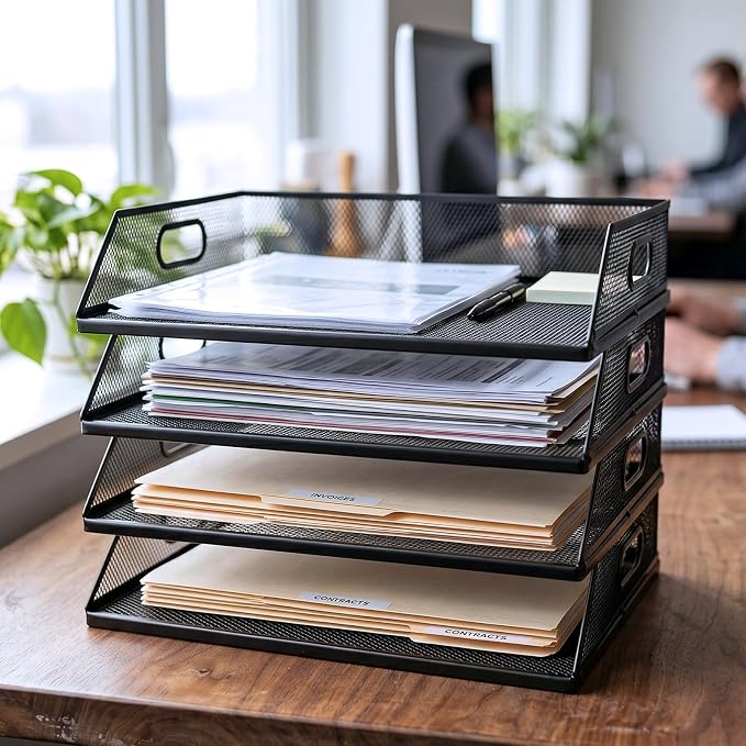 4 Pcs Paper Organizers Metal Mesh Desk Organizer Stackable Desk Tray Single Wire Mesh Organizer Front Load File Paper Holder for Desktop Office Home Classroom School