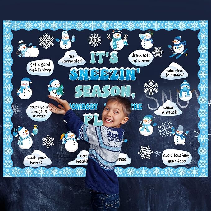 Winter Health Bulletin Board Set Snowman Flu Prevention Classroom Decor Sneezing Season Paper Cutouts for Door Wall Decor Christmas Winter Holiday Party Supplies