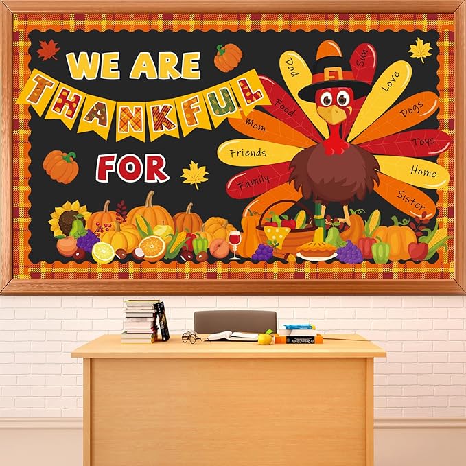 gisgfim 59 Pcs Thanksgiving Turkey Bulletin Board Set We Are Thankful Autumn Fall Thanksgiving Classroom Decorations Pumpkin Maple Leaves for Cutouts for DIY Craft Harvest School Home Wall Decorations