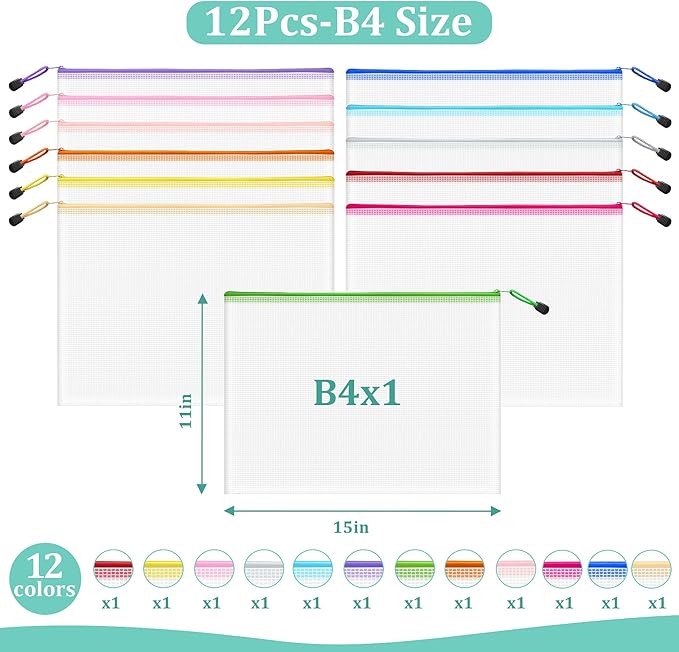 12pcs Mesh Zipper Pouch Bags, B4 Sizes Zipper Pouch, Mesh Bags with Zipper, Plastic Zipper Pouches, 12 Colors Zipper Pouches for Organizing, Board Game Storage, Travel, School Office