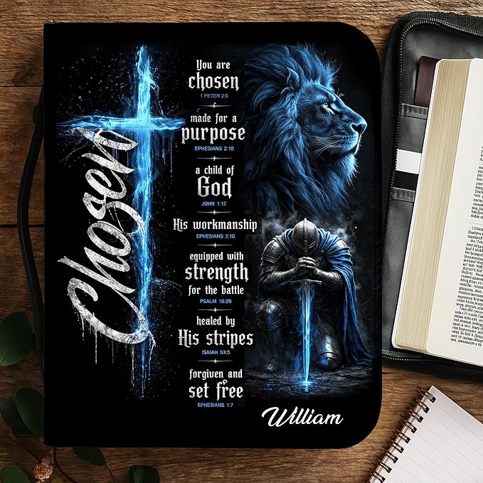 Personalized Man of God Bible Cover for Men, Christian PU Leather Bible Case with Handle Zipper, God Says I Am Warrior Scripture Bible Holder, Religious Gift for Men (Warrior Choosen)