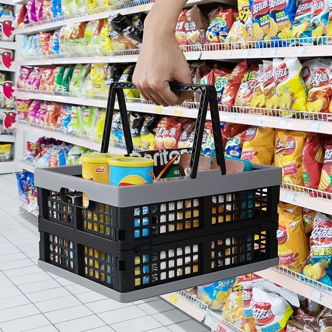 Pack of 2 Collapsible Shopping Baskets, 15 Liter Folding Plastic Crate with Handles, Moving Storage Crate Small Stackable Containers Bins, Black
