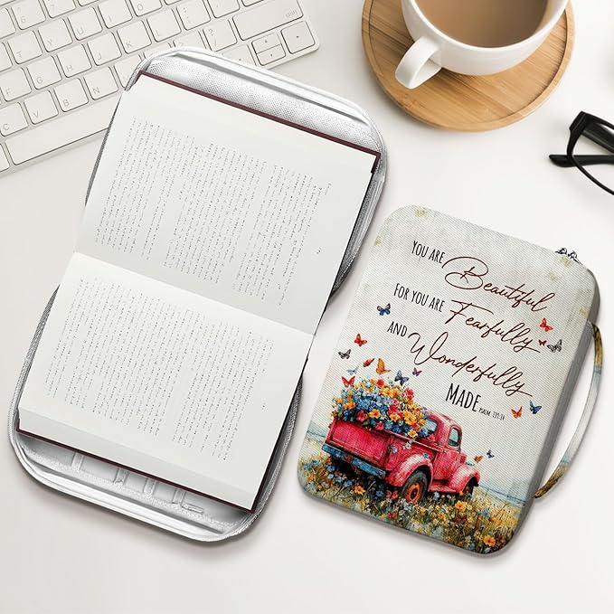 Vintage Red Truck Floral Bible Cover for Women, Scripture Verse Canvas Bible Case with Handle and Zipper Pocket, Fits Standard Size Bible, Christian Gift for Mom, Church Study Bag