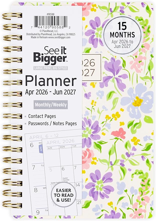 PlanAhead Small 2026 Planner - April 2026-June 2027 4.5"x6.5" 15 Month Weekly & Monthly Academic Planner with Tabs - Fashion Floral Design - Spiral Calendar Agenda for School, Work, & Office