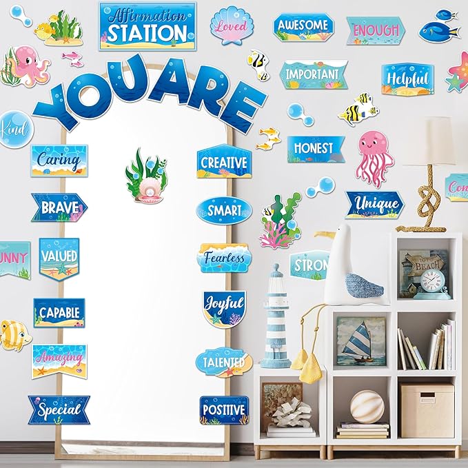 45 Pcs Ocean Affirmation Station Bulletin Board Set Motivational Posters Classroom Mirror Growth Mindset Decor Positive Affirmations Accents Cutouts for School Office Home Teacher Wall