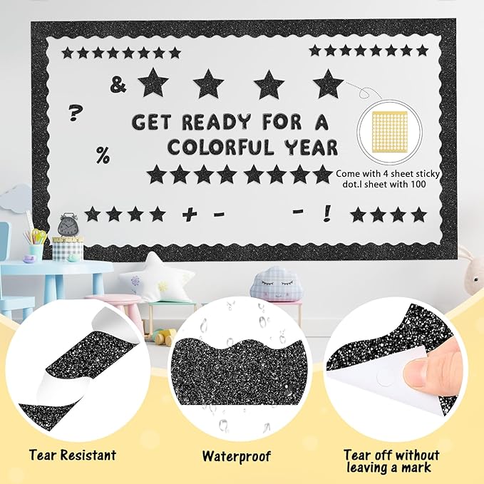 Kosiz Black Glitter Bulletin Board Decoration Set 118 ft Scalloped Winter Bulletin Board Borders Classroom Poster Border Trim with 257 Pcs Letter Number Symbol Cutout for School Christmas Decor