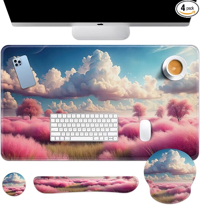 Britimes Dreamy Clouds Pink Plants Keyboard Mouse Pad Set 4in1 Large Mousepad+Keyboard Wrist Rest+Mouse Wrist Rest+Coaster Set with Ergonomic Design for Home Office Computer 35.4x15.7 inches