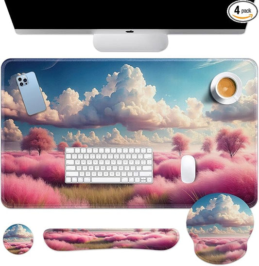 Britimes Dreamy Clouds Pink Plants Keyboard Mouse Pad Set 4in1 Large Mousepad+Keyboard Wrist Rest+Mouse Wrist Rest+Coaster Set with Ergonomic Design for Home Office Computer 35.4x15.7 inches