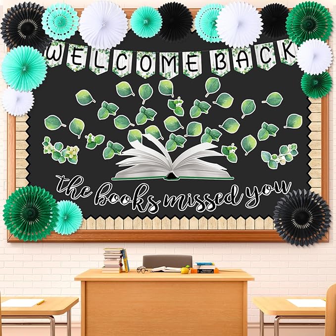 Qilery 83 Pcs Welcome Bulletin Board Set Welcome Back The Books Missed You Classroom Decoration Greenery Plant Bulletin Board Cutout Back to School Classroom Decoration for Home Library School
