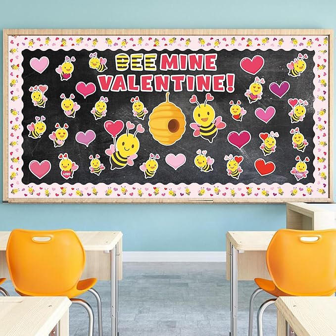140Pcs Valentine's Day Bee Bulletin Board Classroom Decorations Bee Mine Valentine Heart Accent Cutouts Name Tags Border Trim Party School Classroom Chalkboard Door Wall Decor