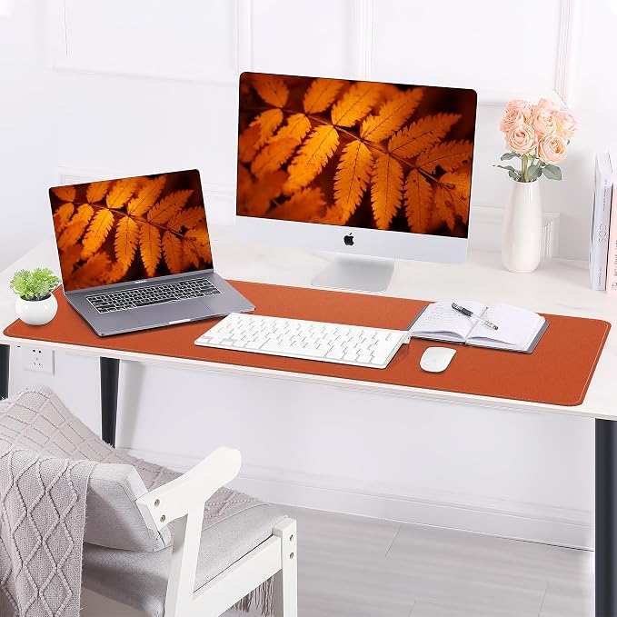 AFIING Desk Mat 47.2" x 17", Leather Desk Pad Protector with Natural Cork & PU Leather, Non-Slip Office Desk Mat, Double-Sided Mouse Pad, Waterproof Large Desk Pad for Office and Home (Orange)
