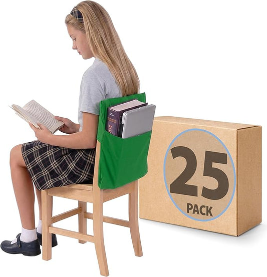 Seat Sack Student Chair Storage Pocket - 19", Classroom Chair Organizer for Student Desks, Durable Over-the-Chair Storage, Green, 25-Pack