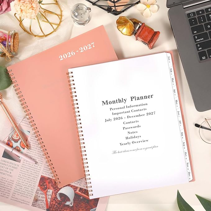 2026-2027 Monthly Planner - Monthly Planner 2026-2027, Jul. 2026 - Jun. 2027, 9" x 11", 12-Month Planner, Tabs & Pocket, Twin-Wire Binding - Rosy Pink
