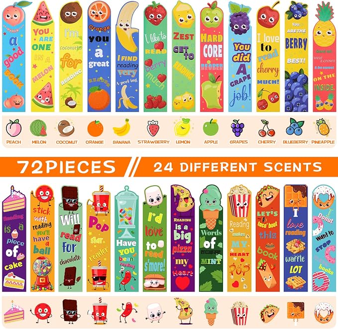 Geyee 72 Pcs Fruit Scented Bookmarks Scratch and Sniff Bookmarks Fun Classroom Smelly Bulk for Kids Students Teens School, 24 Styles