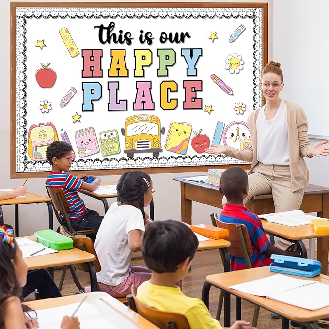 Composition Notebook Bulletin Board This is Our Happy Place Classroom Decor Welcome Back to School Party Decoration Notebook Book Bag Pencils Cutouts for First Day of School Craft Classroom Wall Decor