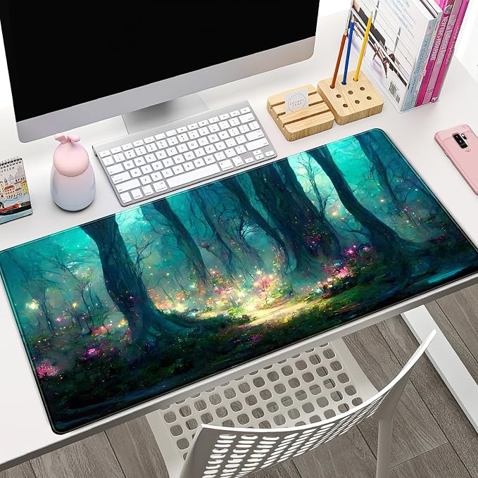 Forest Desk Mat Blue Green Mouse Pad Large Laptop Computer Keyboard Mouse Mat Gaming Mousepad XXL 31.5''X 15.7'' Deskpad Deskmat Cute Desk Pad