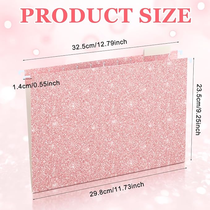 25 Pcs Pink Hanging File Folders 12 x 9.25'' Glitter Hanging Folders with 25 Paper 1/5 Cut Adjustable Tab and 25 Plastic Tab for Medical Charts Office Desktop