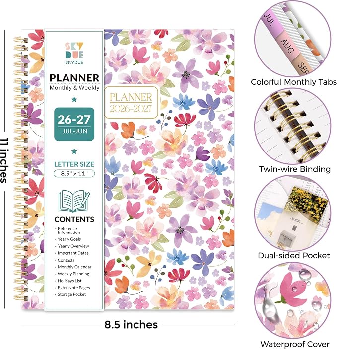 SKYDUE 2026-2027 Monthly and Weekly Academic Planner, July 2026-June 2027, 8.5"x11", Agenda Calendar with Colorful Tabs and Storage Pocket, Ideal for School Office Supplies