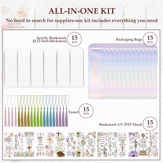 Dazoratix Clear Acrylic Bookmarks Blanks - 60 Pcs Bible Verse Bookmark Making kit Christian Inspirational Scripture Accessories Floral Aesthetic Page Markers UV DTF Stickers for Women Men Kids Gift