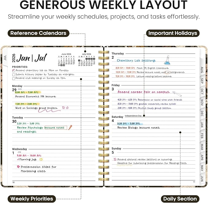 Planner 2026-2027, Academic Year Monthly and Weekly Calendar Planner, Jul 2026 - Jun 2027, Hardcover Teacher Student Planning Agenda book with Tabs, Perfect for School Office Supplies, 8.5" x 11" - Wild Rose