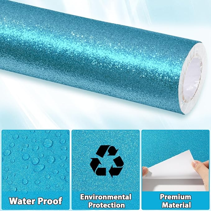 Glitter Bulletin Board Paper Roll Sparkle Wrapping Paper Bulletin Board Decor Glitter Poster Gift Wrapping DIY Art Crafts Wallpaper Background for Home Office Classroom Decor 17" x 20ft, Lake Blue