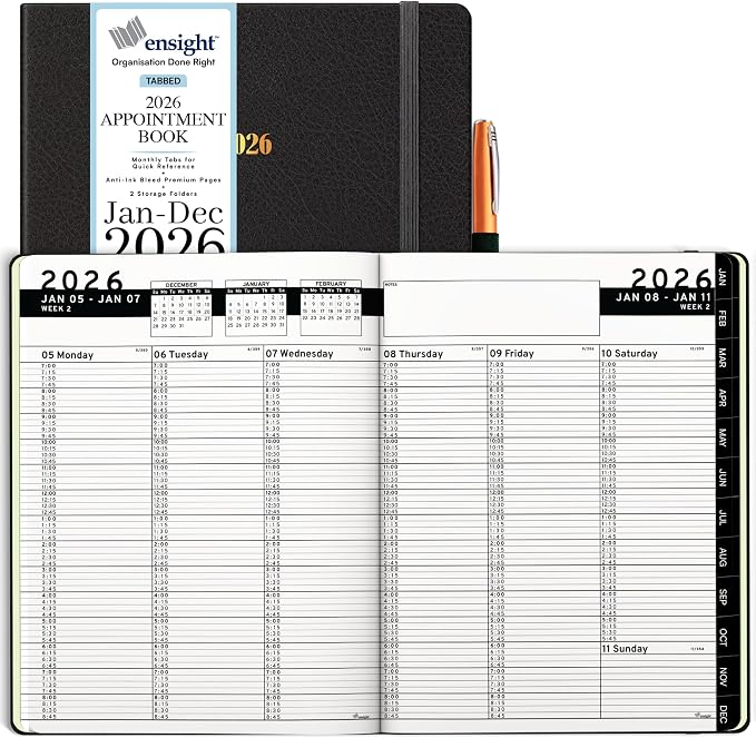 Ensight 2026 Hardcover Appointment Book & Planner 8.5" x 11" inches Large Tabbed Daily Hourly Weekly Planner Schedule Book 15 Minute time Slots Business & Personal Planner Jan 2026 Dec 2026 Black