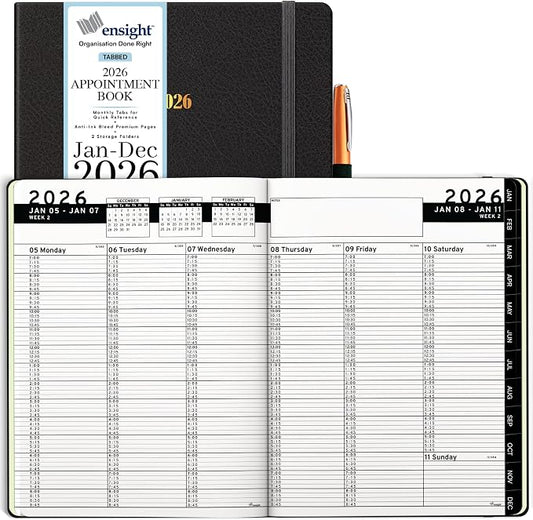 Ensight 2026 Hardcover Appointment Book & Planner 8.5" x 11" inches Large Tabbed Daily Hourly Weekly Planner Schedule Book 15 Minute time Slots Business & Personal Planner Jan 2026 Dec 2026 Black