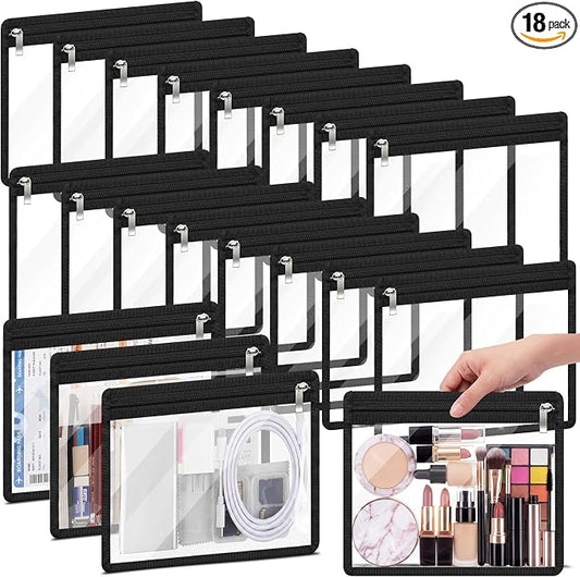 Ireer 18 Pcs Clear Zipper Pouches PVC Waterproof Pouch Bags Transparent Zipper Pouch Storage Bags Multipurpose for Organizing Travel Cosmetics Document File (Black,8 x 9.8 Inch)