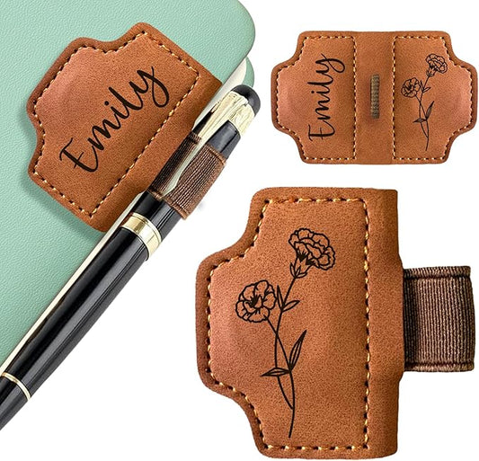 EDSG Personalized Magnetic Bookmark, Engraved Leather Bookmark Clip with Pen Holder, Laser Engraved Book Marks with Birth Flower Mothers Bookmarks Gifts for Men Women Teachers (Brown-Magnetic V2)