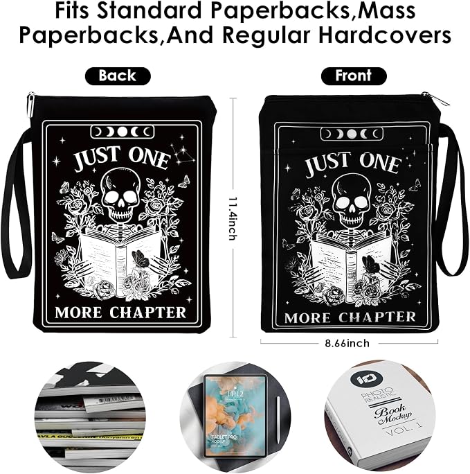 Gothic Book Sleeve Gift - Just One More Chapter Skeleton Black Tarot Card Zipper Books Covers with Front Pocket Washable Book Protector Bookish Reader Book Lovers Gifts for Books Paperbacks
