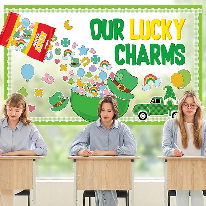 St.Patrick's Day Bulletin Board Decoration Set Green Shamrock Paper Cut Outs Our Lucky Charms Bulletin Board Set for St.Patrick’s Party Supplies Home Office School Classroom Chalkboard Wall Decor