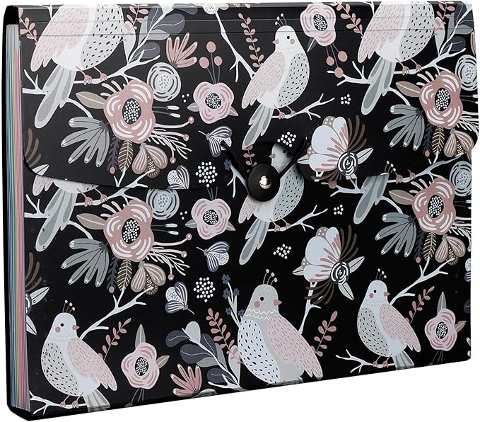 Uquelic 13-Pocket Expanding File Folder, Accordion File Holder with Elastic Buckles Closure – Holds Letter/A4 Size Documents, Floral Printed Accordion Folder, School Office Supplies(Bird Print)